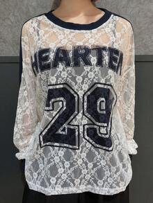 FRIFUL Women's Round Neck Lace Patchwork Letter Print Contrast Color Loose Long Sleeve T-Shirt - White - View 5