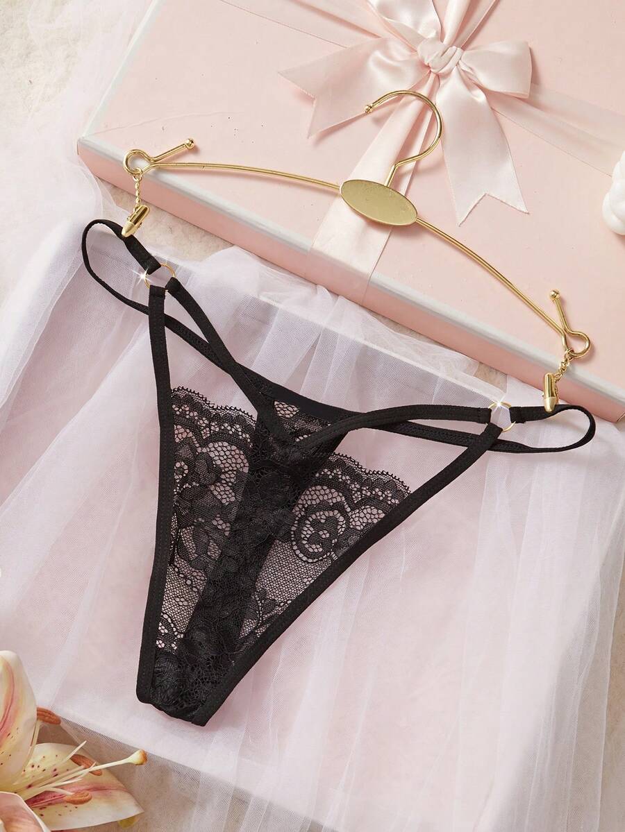 Women's Floral Lace Circular Ring Hollow Design Seamless G-String Panties - Black - View 1