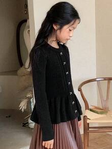 DAZY Tween Girl Casual Cardigan With Bow Decor And Ruffle Hem, Autumn/Winter - Black - View 2