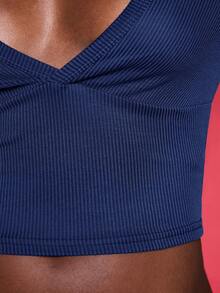 Normani Slim Fit V-Neck Dual-Color Ribbed Casual Long Sleeve T-Shirt Dark Blue Top Blue Long Sleeve Top - Dusty Blue - View 7