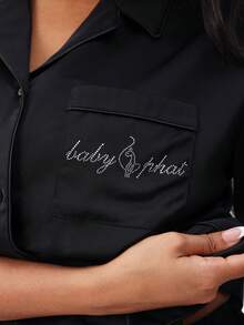 BABYPHAT Rhinestone Cat Print Short Sleeve Button Up Pajama Sleep Shirt With Collar And Chest Pocket - Black - View 4