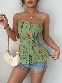 Selianne Floral Print Asymmetrical Hem Camisole Crop Top For Women, Spring/Summer - Green - View 4