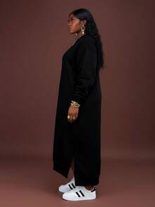 CurvyTilda 大码宽松休闲长款羊毛卫衣连衣裙，秋冬 - 黑色 - 查看 3