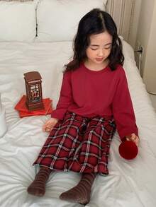 DAZY Young Girl Solid Color Round Neck Drop Shoulder Long Sleeve T-Shirt And Plaid Wide Leg Pants Loungewear Set