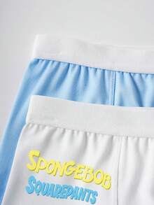 SpongeBob SquarePants | SHEIN 2pcs Young Boy Cute Cartoon Graphic Letter Tape Comfortable Trunks - Blue and White - View 4