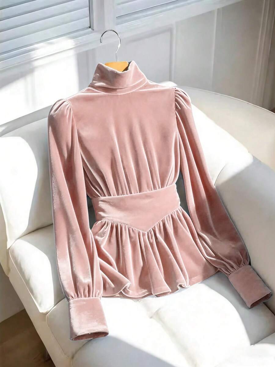GlowEve Women's High Neck Ruched Velvet Fabric Ruffle Hem Elegant Cinched Waist Long Sleeve T-Shirt, Suitable For Dates, Holidays, And Parties - Pink - View 1