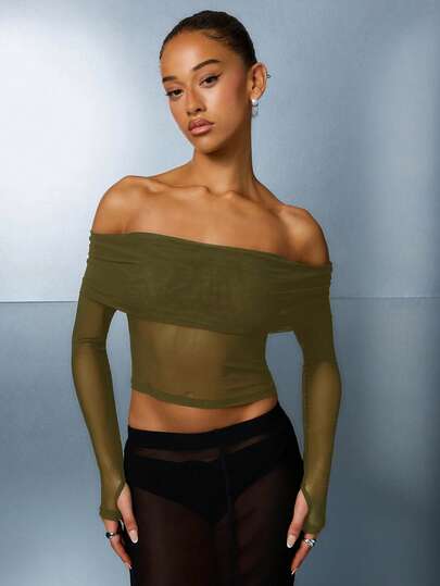 SUMWON WOMEN 露肩网纱上衣，带拇指孔，长袖露脐半透明修身弹力晚礼服