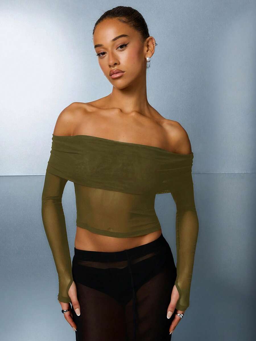 SUMWON WOMEN 露肩网纱上衣，带拇指孔，长袖露脐半透明修身弹力晚礼服 - 軍綠色 - 查看 1