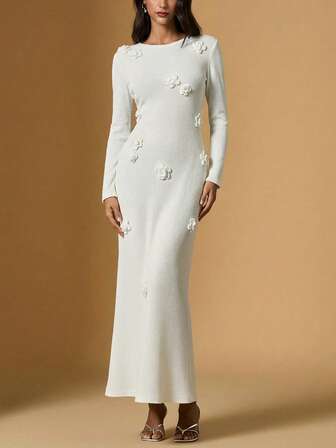 Briarwyn Winter Women's Solid Color 3D Floral Decor Round Neck Long Sleeve Fitted Elegant Dress,Women's Winter Dress ,Elegant And  Fashionable For Commuting, Simple Fashion Casual Everyday ,Old Money Style,New Year Clothes,Christmas ,Back To School,Country Concert, Business Casual Woman, Teacher For Women,Date Night Women ,Birthday ,Brunch For Women,Western Women Wear