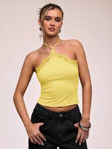 SHEIN BAE Kamisol Wanita Warna Polos Minimalis dengan Patchwork Renda dan Leher Halter - Kuning - View 3