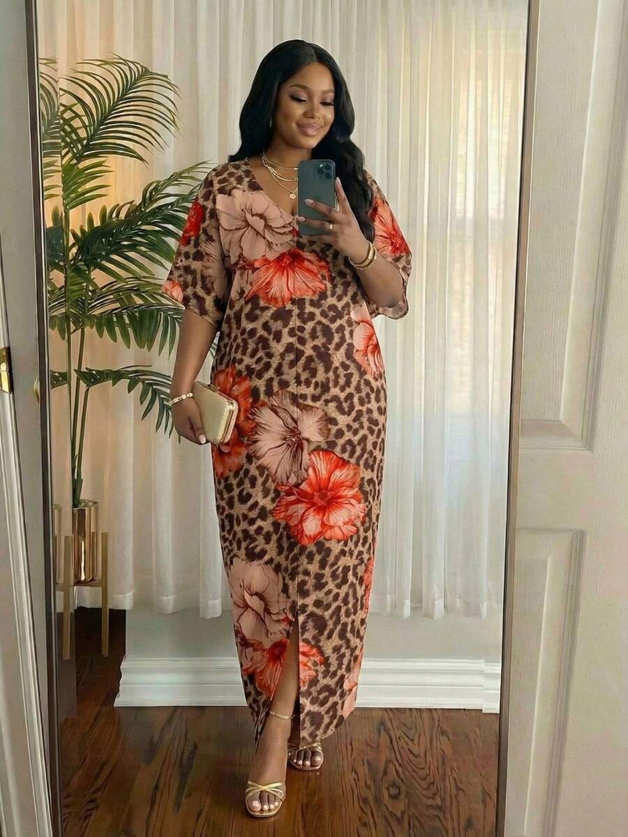 SHEIN Lady CURVE 春夏休闲优雅波西米亚风黑色编织V领直筒束腰连衣裙卡夫坦长款加大码连衣裙复活节连衣裙女士春季服装女士度假服装女士沙滩服装女士沙滩度假连衣裙婚礼宾客连衣裙女士商务休闲女士舞会礼服 - 彩色 - 查看 1