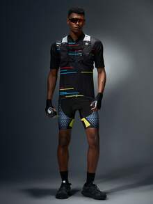 Manfinity Sport Polished Men's Colorful Striped Print Zipper Short Sleeve Cycling Jersey, Summer - Black - View 5