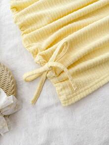 Tween Girls' Cute Yellow Asymmetric Hem Tank Top And Skirt 2 Pieces Set,Soft Summer Colour Palette Summer Vacation Ribbed Bow Knot Tied Details Outfit - Yellow - View 7