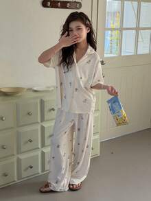 DAZY 女童印花长袖上衣和裤子睡衣套装，秋季款 - 杏色 - 查看 2