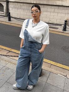 Muchica 大码女式字母刺绣口袋休闲牛仔背带裤 - 淺藍色 - 查看 5