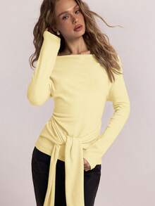 SHEIN BAE 1件女士优雅露肩纯色长袖扭结前襟毛衣 - 黃色 - 查看 8