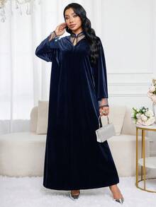 Al Najma 女士波点网纱拼接长袖连帽阿拉伯连衣裙 - 藏蓝色 - 查看 5
