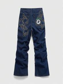 ROMWE MEN Men's Embroidered Pocket Wide Leg Loose Casual Jeans - Blue - View 3