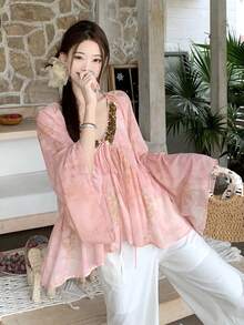 DAZY Women's V-Neck Ombre Long Sleeve Elegant Blouse, Spring/Autumn Vacation - Baby Pink - View 1