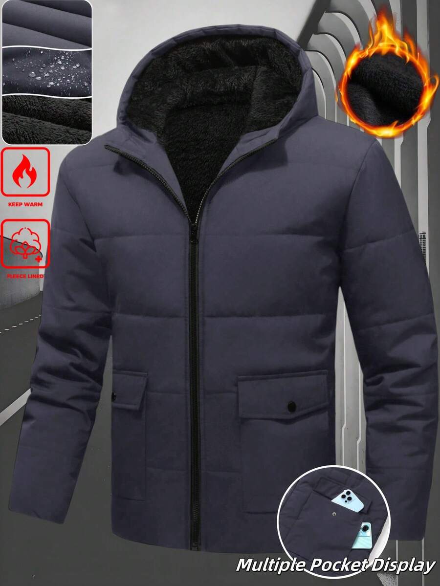Manfinity Homme 男士纯色连帽拉链前袋抓绒休闲多功能户外长袖冬季外套男士保暖内衬夹克男士冬季服装 - 深灰色 - 查看 1