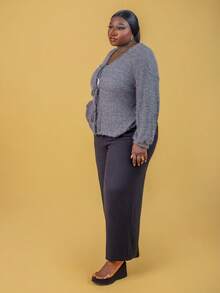 CurvyTilda Plus Size Women Solid Color Knit French Fuzzy Sweater, Front Bowknot Design, Suitable For Casual, Home, School Wear, Autumn/Winter Tie Front Top Gray Ribbed Knit Top Plus Size Gray Blouse Plus Size Sweaters For Women V Neck Sweater,Fall Clothes For Women, For Hourglass Body Shape - Grey - View 3