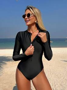 Swim Mulvari Áo tắm liền thân dài tay màu đen mới, kiểu váy ôm sát bụng, quần ống loe, có khóa kéo giúp thon gọn vóc dáng cho nữ. - màu đen - Xem 3