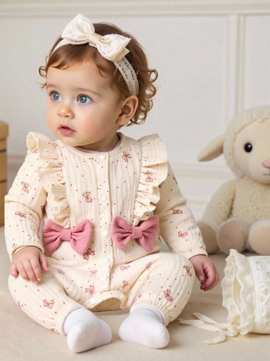 SHEIN Newborn Baby Girl Cute Bow Print Cotton Comfortable Princess Jumpsuit, Spring & Autumn Fall Winter