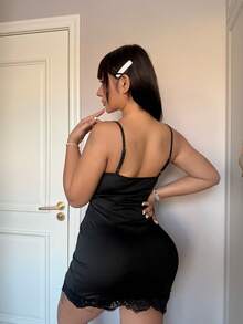 SHEIN Sleeveless Black Mini Sleep Dress Sexy Knitted Fabric With Delicate Contrast Lace Trim And Spaghetti Straps Sexy Black Dress Black Lingerie Dress