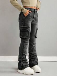 Tween Girls' Pocketed Button Utility Casual Flare Pants, Versatile For Daily Wear - Black - View 5