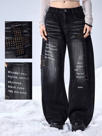 Grunge Punk Jeans évasés américains pour femmes avec imprimé croix et lettres, style rétro Y2K Millennium Baddie