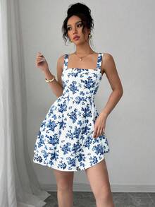 SHEIN Elenzya 女士优雅碎花吊带方领收腰A字短连衣裙，夏季 - 藍白色 - 查看 3