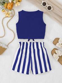 Elladie kids 两件套女童休闲无袖上衣和条纹短裤套装，蝴蝶结设计 - 藍色 - 查看 2