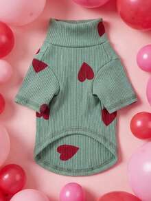 PETSIN 1件猫狗通用服装，休闲舒适的心形印花T恤，适合小型犬和其他宠物全年穿着。 - 豆綠 - 查看 6