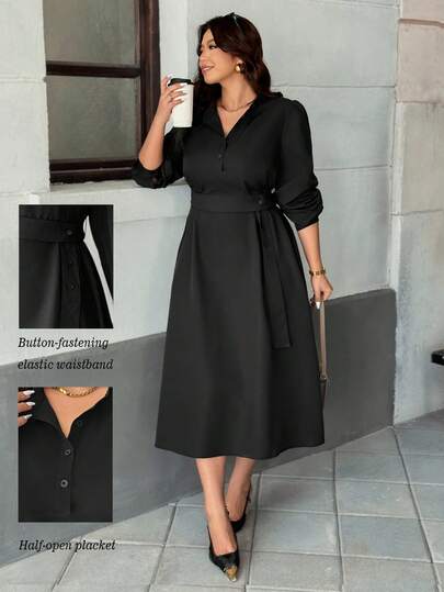 Easura Women's Elegant Casual Long Sleeve High Neck Half Zip Dress, Solid Color With Waist Tie