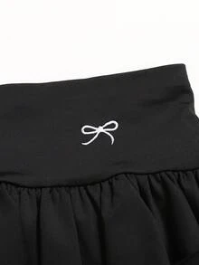 SHEIN Girlism 少女半身裙 - 瑜伽、打底裤、休闲、运动、上学、返校季，精致刺绣蝴蝶结，黑色衬里双层荷叶边蛋糕裙/迷你裙，春夏款，清爽百搭，基础款，日常穿着，运动时尚夏季款，返校季，校服 - 黑色 - 查看 3