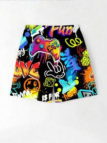 Tween Boy Casual Minimalist Letter & Cartoon Print Swim Trunks, Suitable For Summer