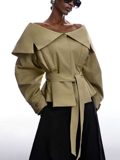 LYSMO 2026 New Arrive Minimalism Spring/Summer Women's Solid Color Off-Shoulder Long Sleeve Knotted Waist Casual Trench Coat/Spring Outfit Women/Spring Break Outfits /Valentine's Day/Valentine Outfits For Women /Birthday Outfits For Women /Going Out Top/Going Out Tops For Women /Elegant Dress Women /Y2k Clothes / Carnival Costume/Carnival Women Look 2026 /Carnival Costume Women /Party/Birthday Outfit For Women