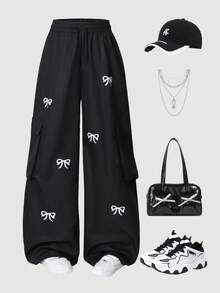 少女蝴蝶印花黑色阔腿工装裤