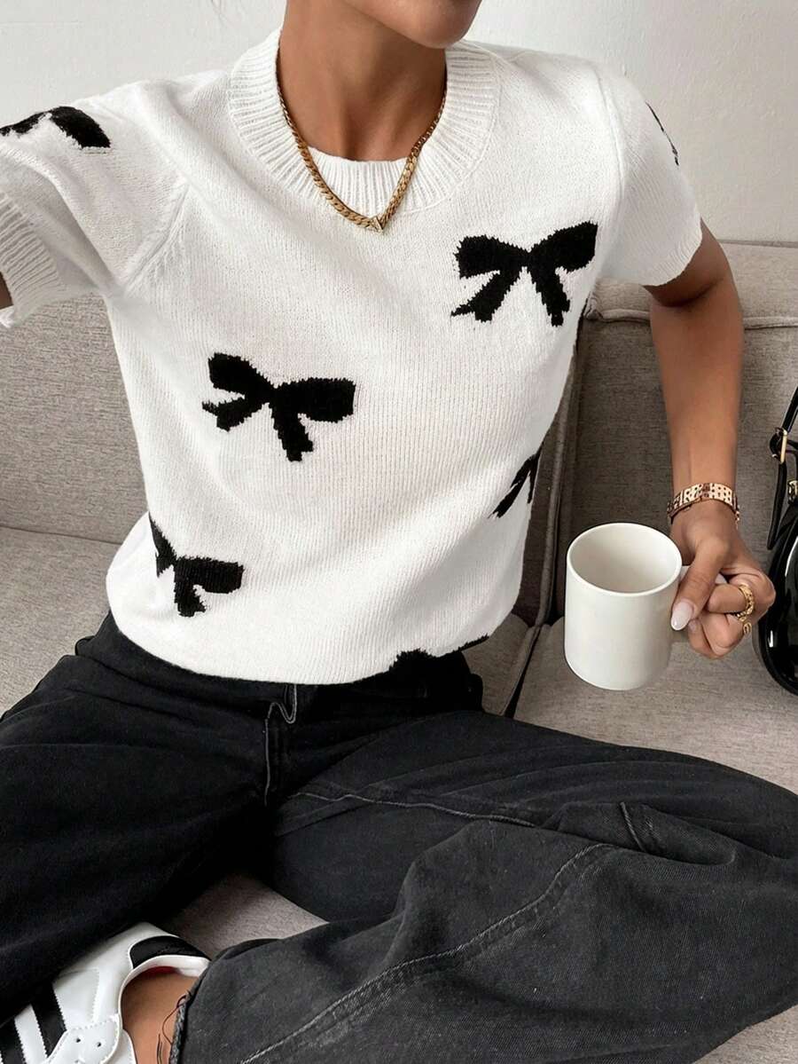Serisse Women's Bow Jacquard Round Neck Raglan Sleeve Knit Top Casual Summer - Black and White - View 1
