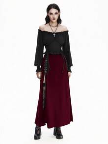 Breakform 女士哥特风纯色金属可调节高腰修身高开衩及踝长裙 - 酒紅色 - 查看 4