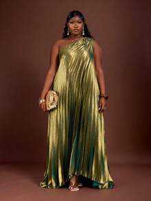 CurvyTilda 2025 春夏秋新款优雅派对、优雅约会、毕业季、生日派对、连衣裙、聚会、婚礼季、宴会、性感、宽松无袖单肩、单高开衩、闪亮面料、全身褶皱大码长裙 - A - 綠色 - 查看 3