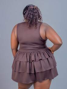 CurvyTilda 大码女式荷叶边下摆短款连衣裙，优雅连衣裙，适合日常、度假、夏季、年轻时尚、Y2K、海滩度假、毕业典礼、生日、派对 - 咖啡棕 - 查看 6