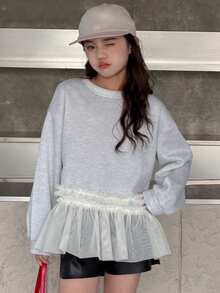 DAZY Tween Girls' Round Neck Knit Thermal Lined Mesh Patchwork Cute Long Sweatshirt, Autumn