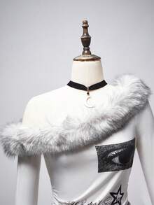 ROMWE EDITION Y2K Sexy Babe Oblique Shoulder Furry Patchwork Letter & Eye Graphic Print Women T-Shirt Top - White - View 3