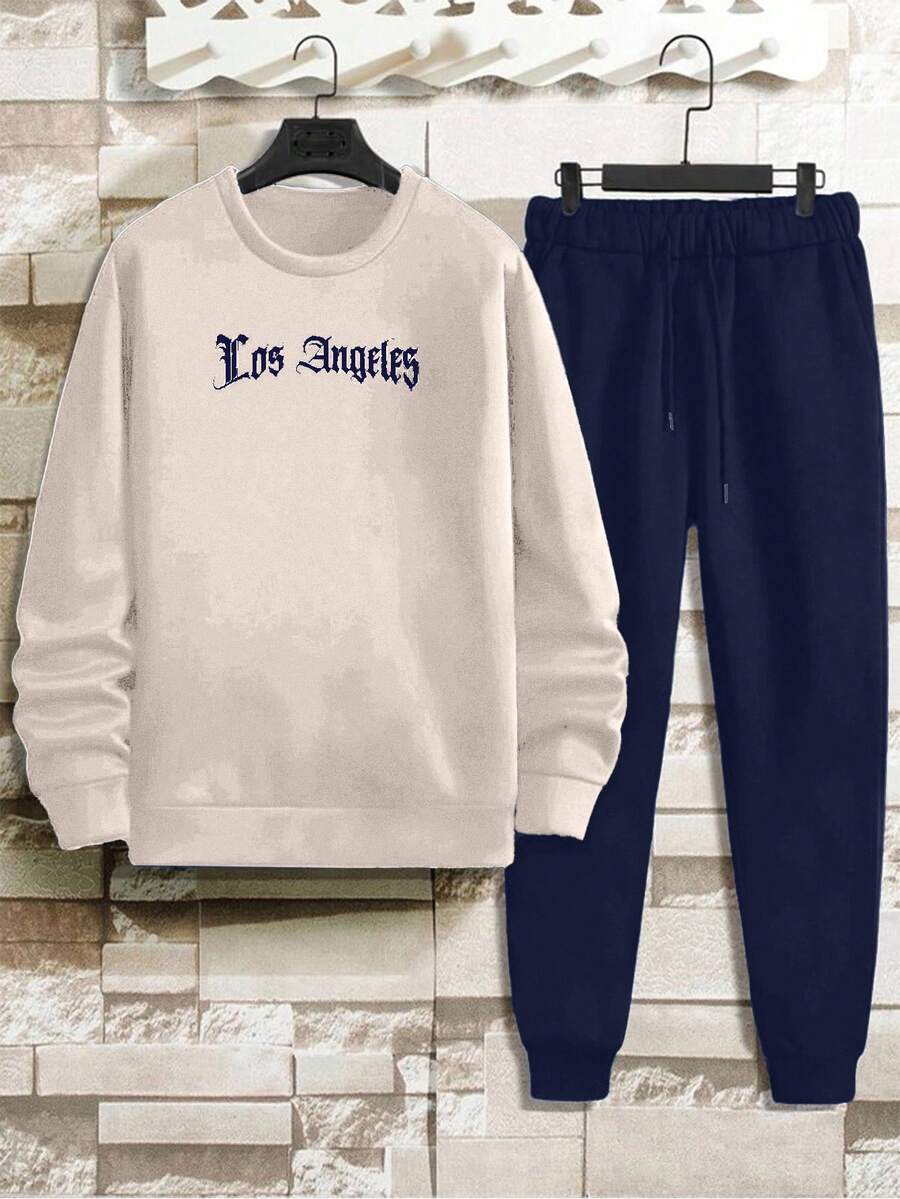 EURMUSE Cotton 2pcs/Set Men's Letter Printed Hoodie And Sweatpants Set - Beige - View 1