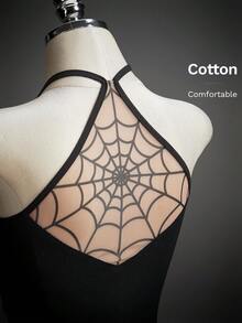 SHEIN ICON Women's Millennial Style Y2K Halloween Cosplay Sexy Personalized Avant-Garde Fashion Simple Mesh Spiderweb Pattern Black Backless Slim Top - Multicolor - View 1