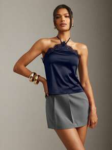 Hauture Sexy Summer Office Lace Datail Halter Cami Top - Navy Blue - View 5