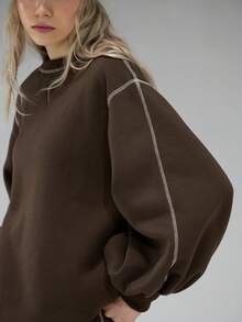 COUREZ 超大款撞色缝线卫衣/Y2K风格女式卫衣/冬季女装/舒适运动套装 - 棕色 - 查看 9