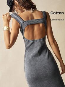 Bohemela Váy midi không tay dệt kim màu trơn đơn giản dành cho nữ - Xám - Xem 8