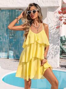 Vivid Eden Spring/Summer Outing Holiday Date Dress, Spring/Summer Casual Vacation V-Neck Spaghetti Strap Backless Multi-Layered Ruffled Hem Soft Textured Fabric Women's Cream Yellow Dress, Holiday Summer Beach Dress, Back-To-School Outfit, Very Simple Outfit, Women's Country Style, Office Wear, Old Money Style, Teacher's Outfit, Date Outfit, Graduation Season, Women's Dress, Spring/Summer Casual Dress, Summer Yellow Dress - Cream - View 4